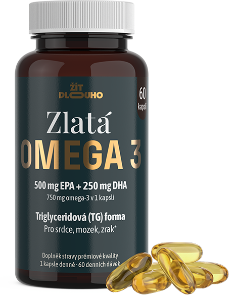 Zlatá Omega 3 – lahvička se 60 kapslemi a zlatavé kapsle rybího oleje