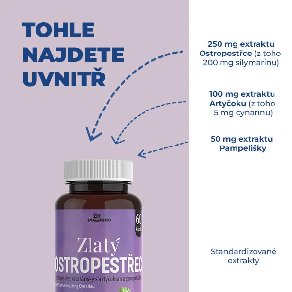 Co najdete v jedné kapsli: 250 mg extraktu ostropestřce (z toho 200 mg silymarinu), 100 mg extraktu artyčoku (z toho 5 mg cynarinu), 50 mg extraktu pampelišky