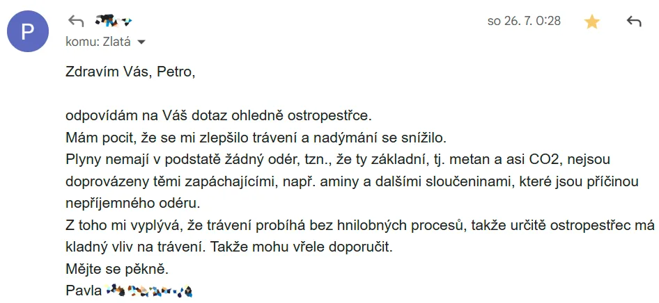 E-mail od Pavly: Mám pocit, že se mi zlepšilo trávení a nadýmání se snížilo… Takže mohu vřele doporučit.