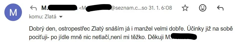 Původní e-mail: Ostropestřec Zlatý snáším já i manžel velmi dobře. Účinky již na sobě pociťuji – po jídle mně nic netlačí, není mi těžko.
